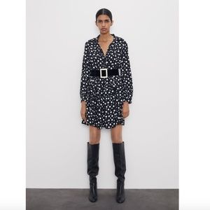 New Zara Collared Black White Floral Printed Shirt Dress Babydoll Style